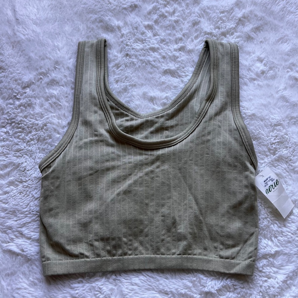 Aerie Womens XXS Olive Green Seamless Ribbed Scoop Neck Crop Top Bralette NWT